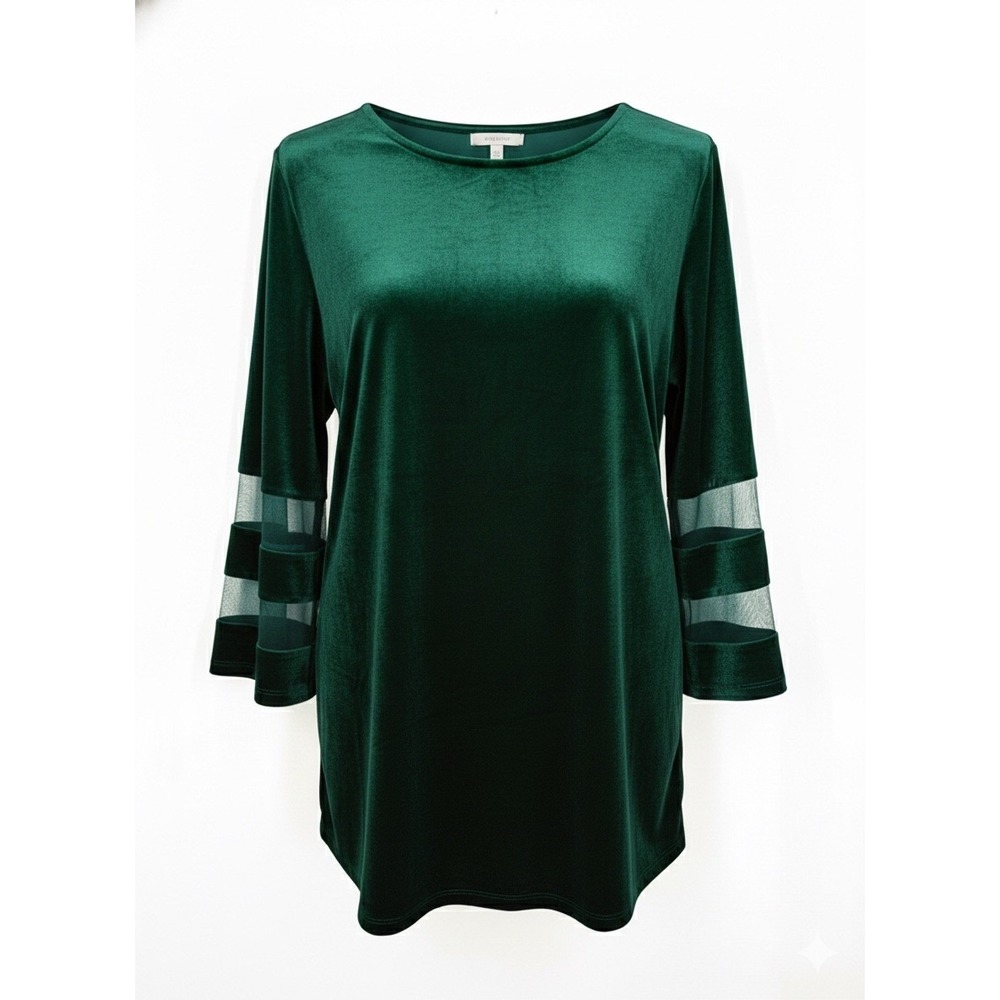 NEW Slim Factor Investments MEDIUM Green Velvet Mesh Sleeve Tunic Blouse